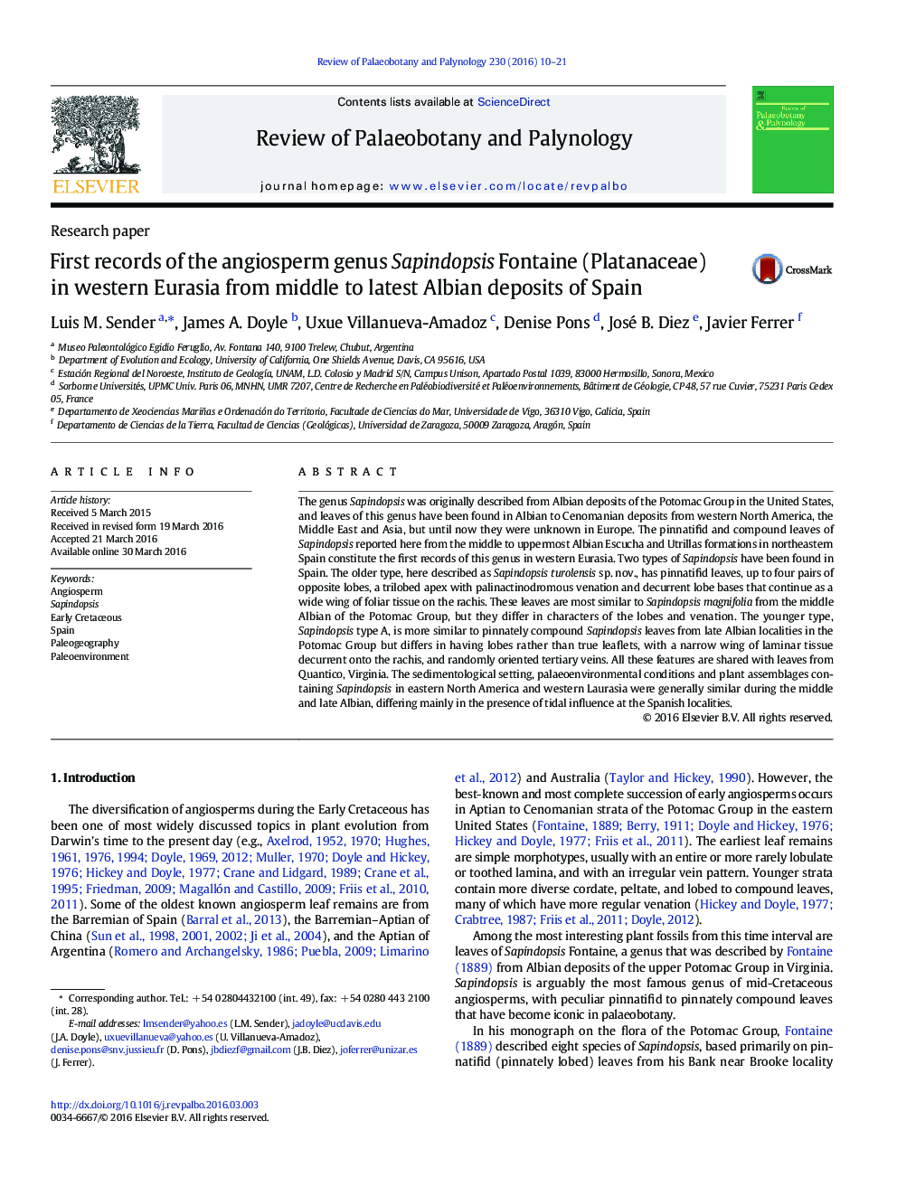 First records of the angiosperm genus Sapindopsis Fontaine (Platanaceae) in western Eurasia from middle to latest Albian deposits of Spain