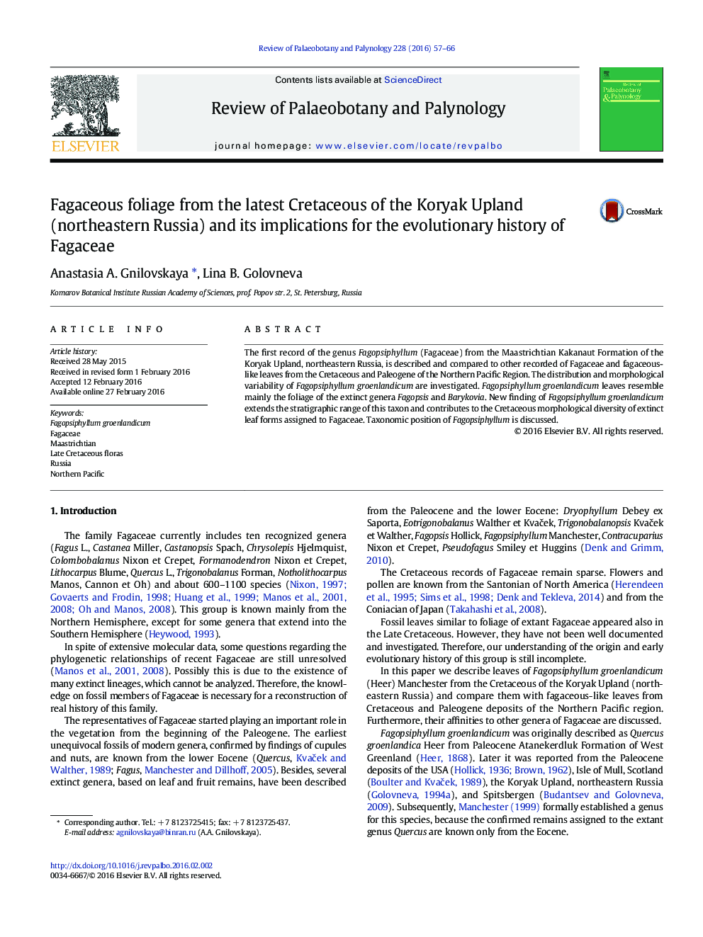 Fagaceous foliage from the latest Cretaceous of the Koryak Upland (northeastern Russia) and its implications for the evolutionary history of Fagaceae