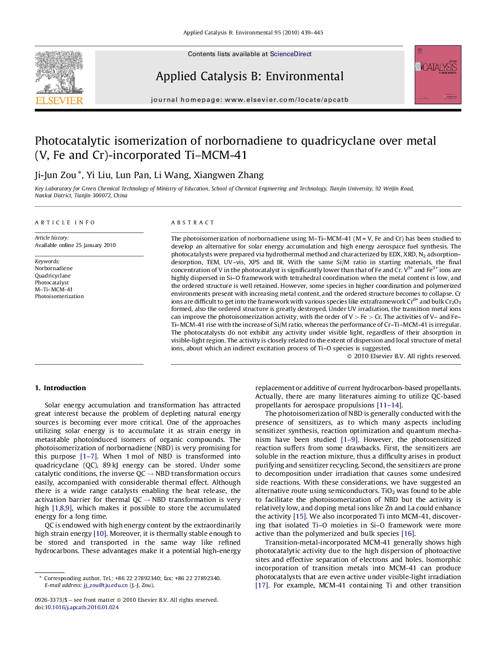 Photocatalytic isomerization of norbornadiene to quadricyclane over metal (V, Fe and Cr)-incorporated Ti–MCM-41