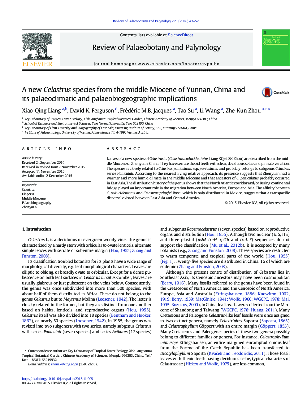 A new Celastrus species from the middle Miocene of Yunnan, China and its palaeoclimatic and palaeobiogeographic implications