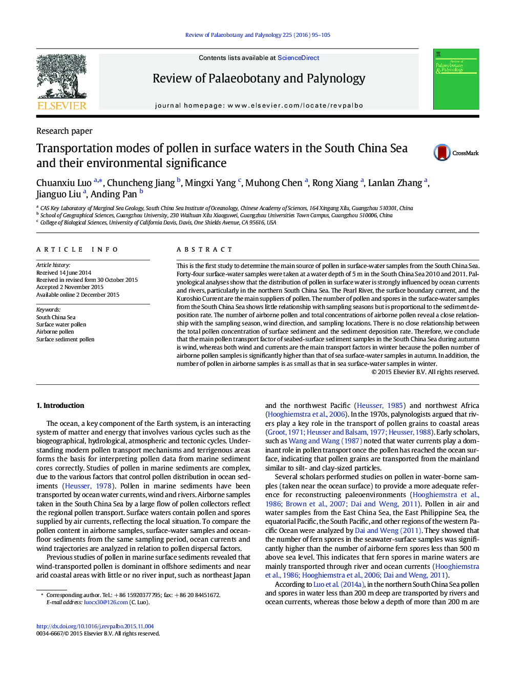 Transportation modes of pollen in surface waters in the South China Sea and their environmental significance