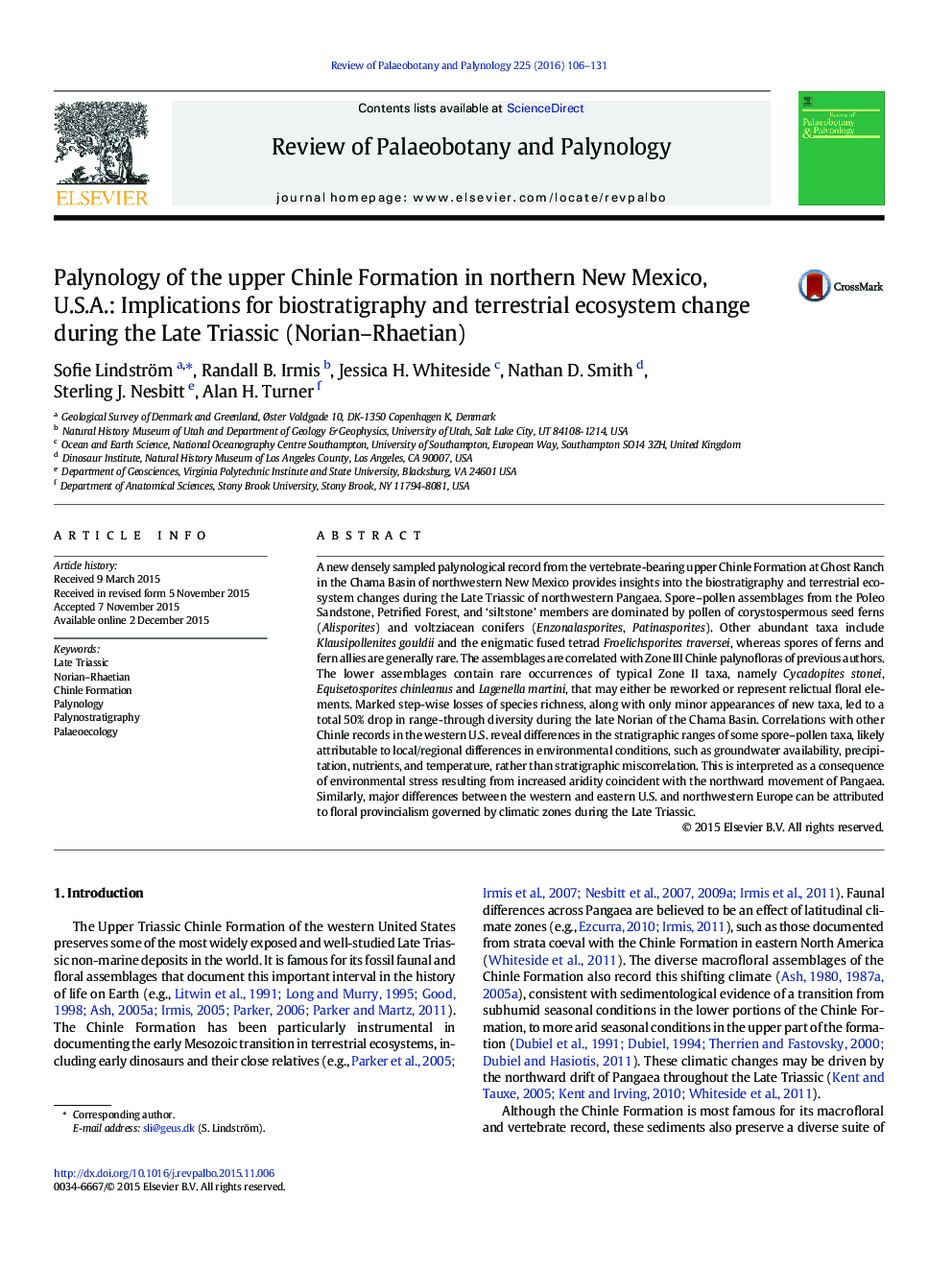 Palynology of the upper Chinle Formation in northern New Mexico, U.S.A.: Implications for biostratigraphy and terrestrial ecosystem change during the Late Triassic (Norian–Rhaetian)