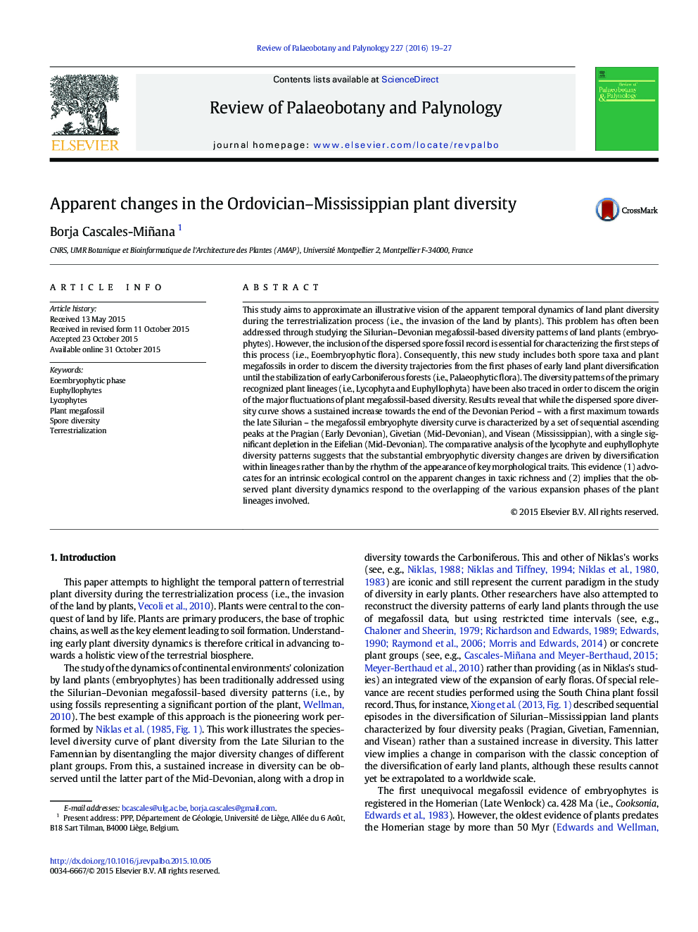 Apparent changes in the Ordovician–Mississippian plant diversity