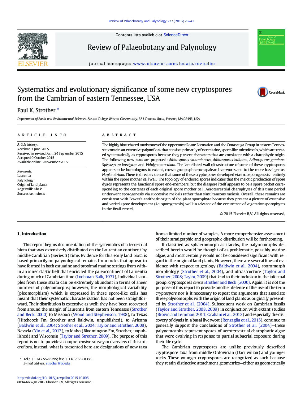 Systematics and evolutionary significance of some new cryptospores from the Cambrian of eastern Tennessee, USA