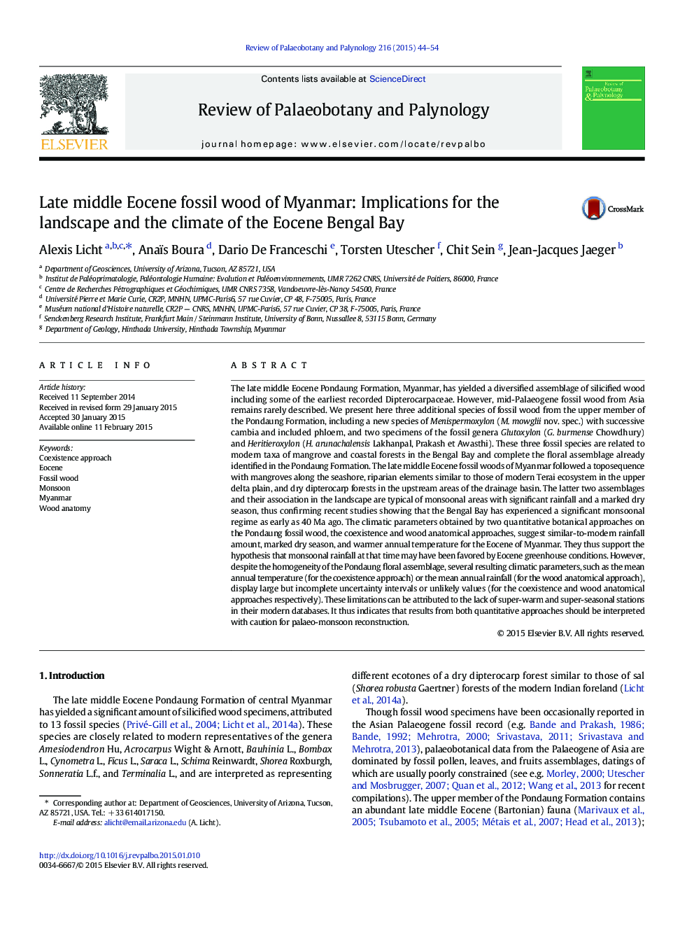 Late middle Eocene fossil wood of Myanmar: Implications for the landscape and the climate of the Eocene Bengal Bay