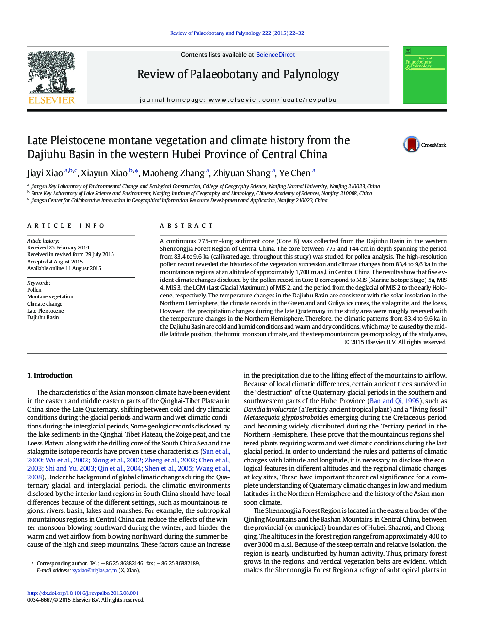 Late Pleistocene montane vegetation and climate history from the Dajiuhu Basin in the western Hubei Province of Central China