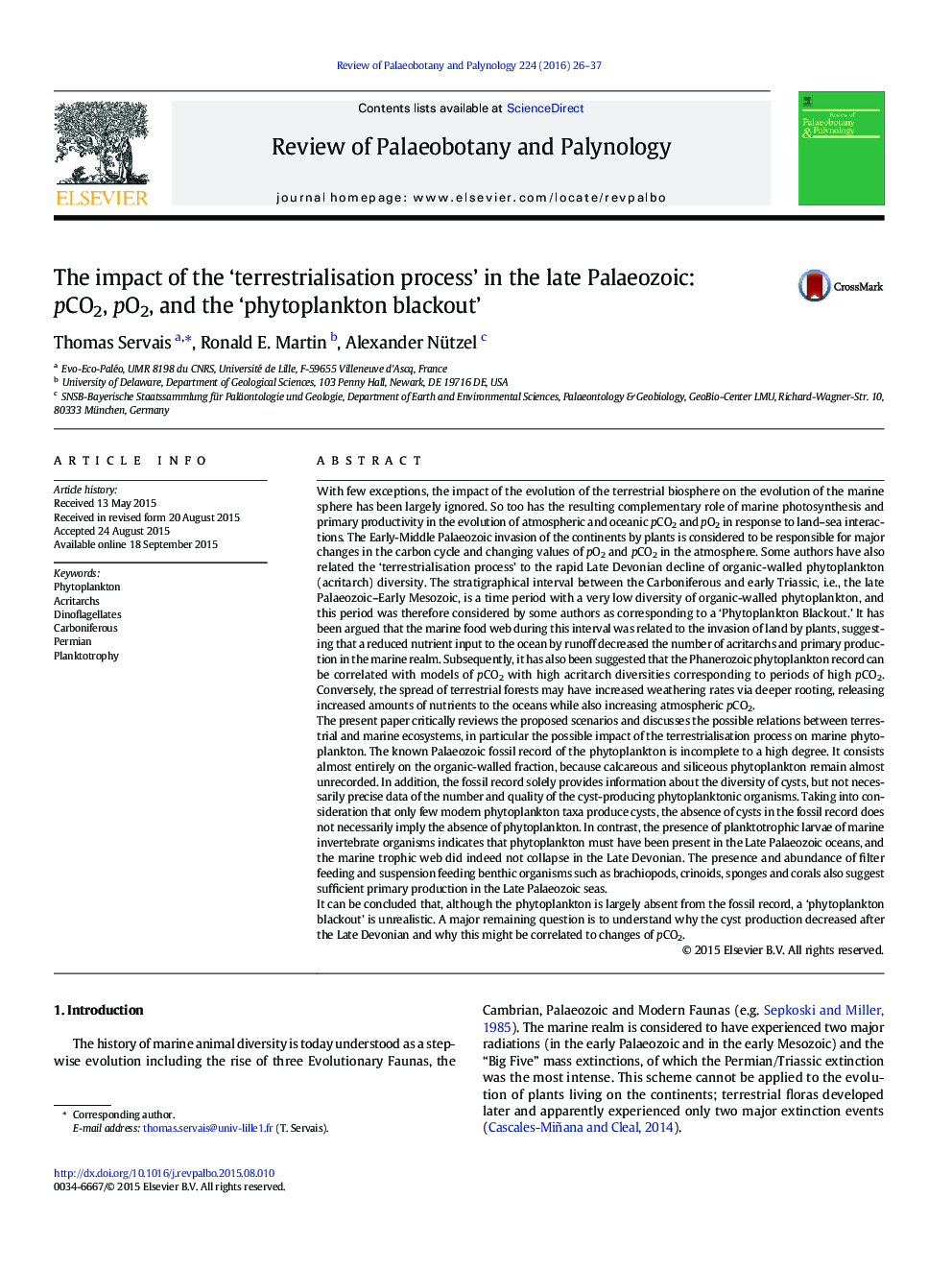 The impact of the ‘terrestrialisation process’ in the late Palaeozoic: pCO2, pO2, and the ‘phytoplankton blackout’