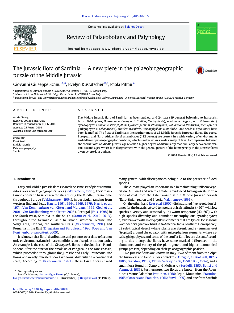 The Jurassic flora of Sardinia — A new piece in the palaeobiogeographic puzzle of the Middle Jurassic