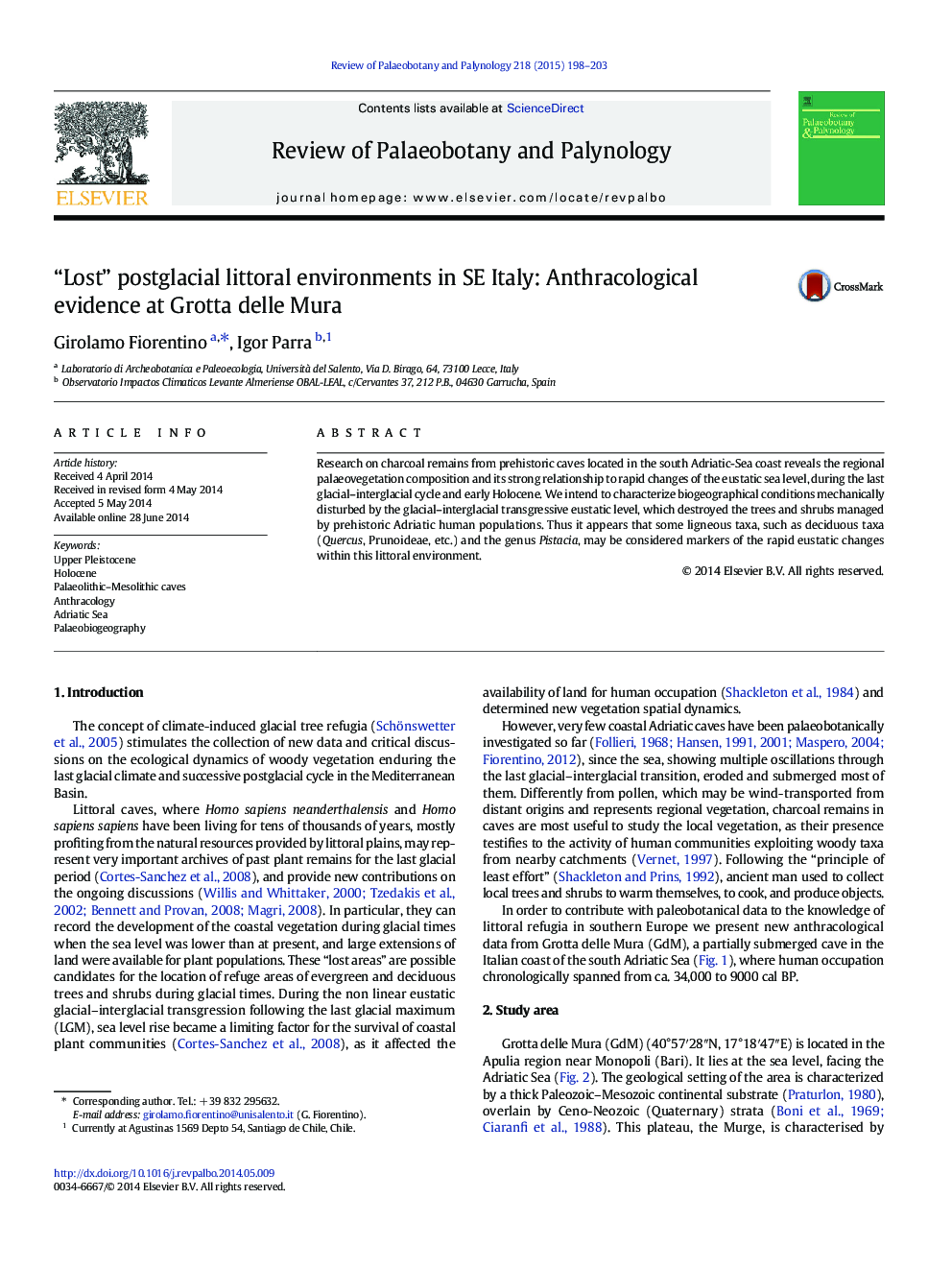 “Lost” postglacial littoral environments in SE Italy: Anthracological evidence at Grotta delle Mura