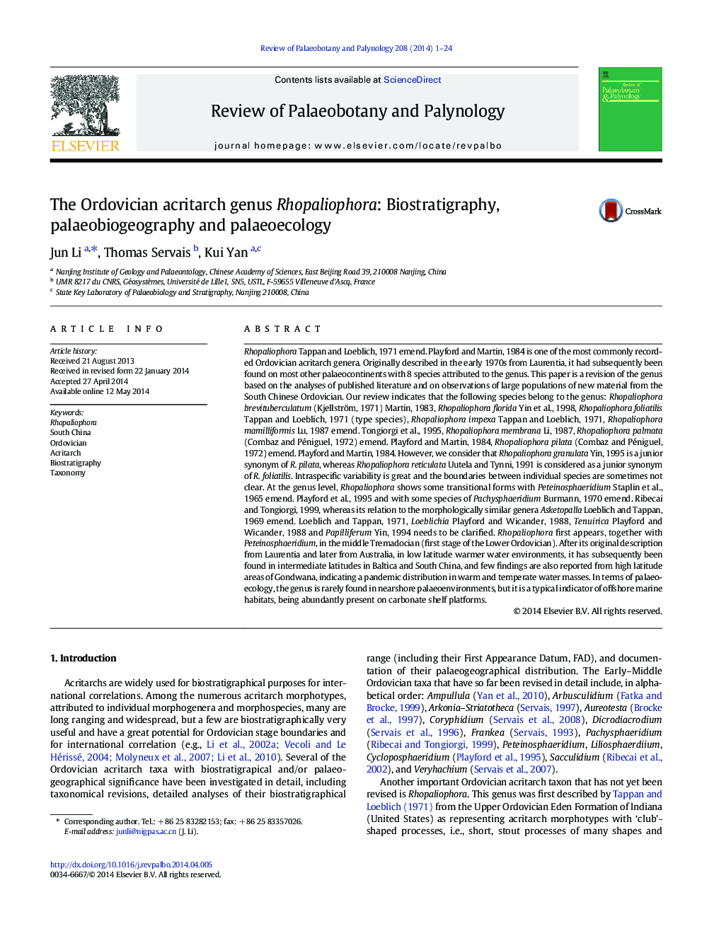 The Ordovician acritarch genus Rhopaliophora: Biostratigraphy, palaeobiogeography and palaeoecology