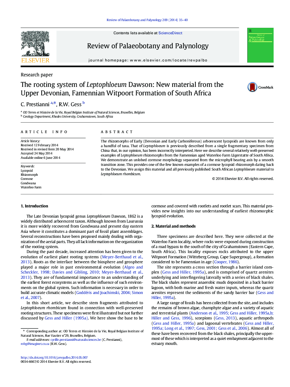 The rooting system of Leptophloeum Dawson: New material from the Upper Devonian, Famennian Witpoort Formation of South Africa