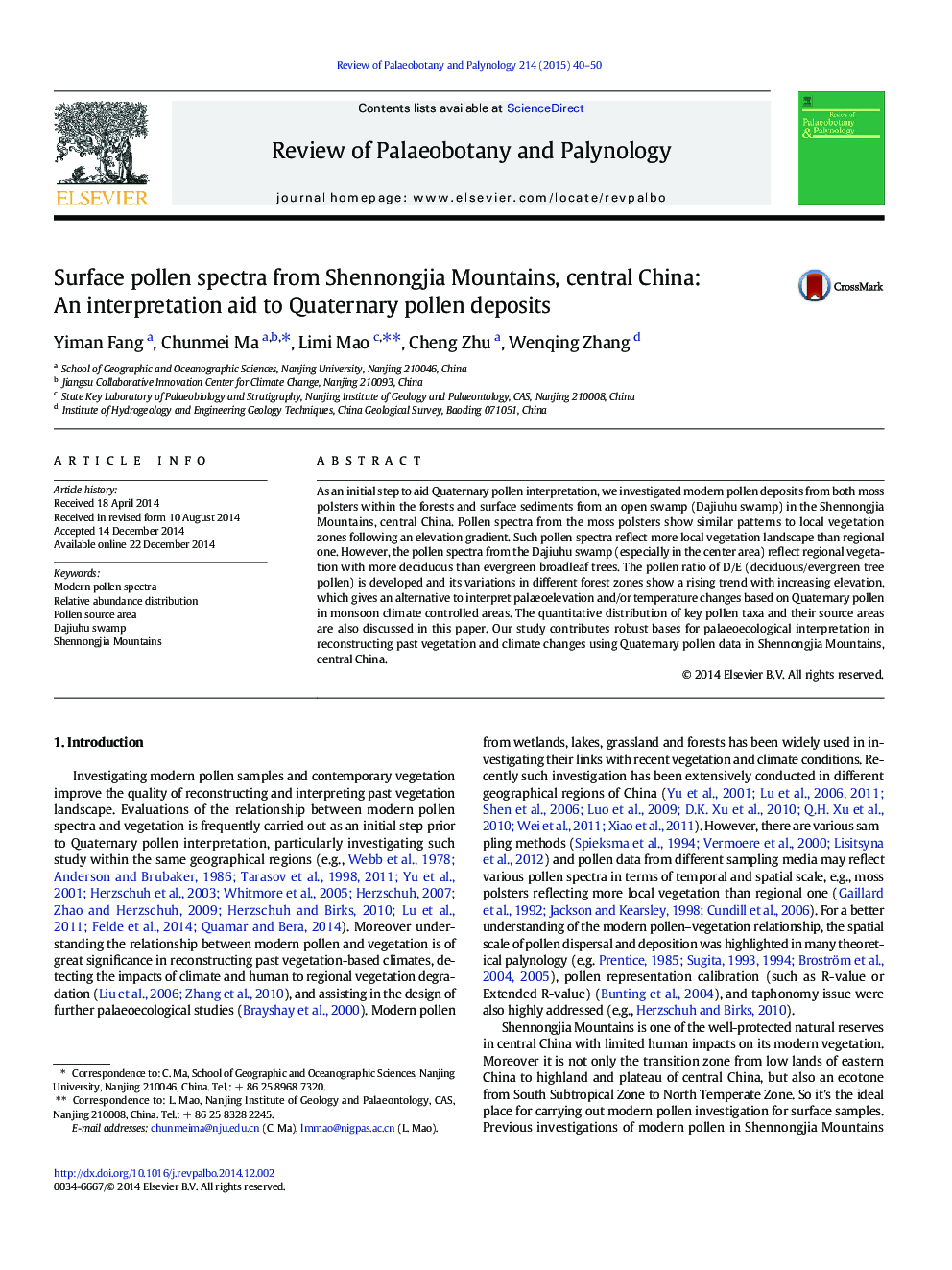 Surface pollen spectra from Shennongjia Mountains, central China: An interpretation aid to Quaternary pollen deposits