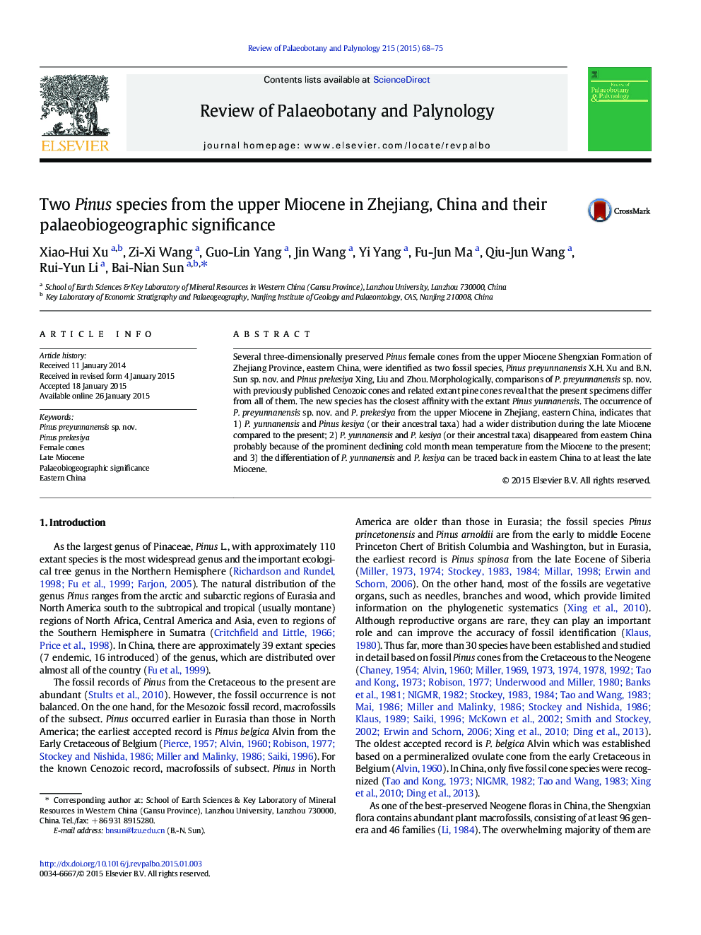 Two Pinus species from the upper Miocene in Zhejiang, China and their palaeobiogeographic significance