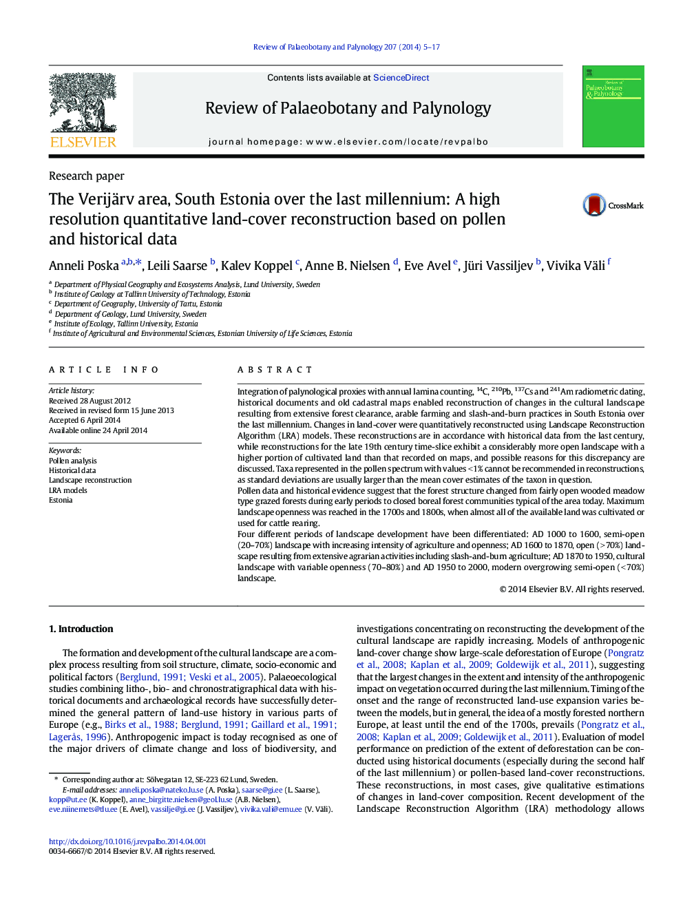 The Verijärv area, South Estonia over the last millennium: A high resolution quantitative land-cover reconstruction based on pollen and historical data