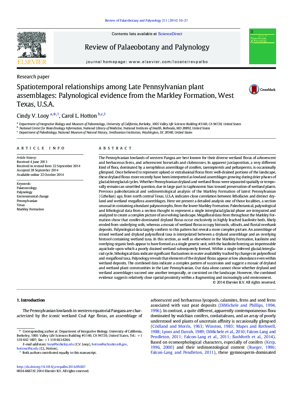 Spatiotemporal relationships among Late Pennsylvanian plant assemblages: Palynological evidence from the Markley Formation, West Texas, U.S.A.