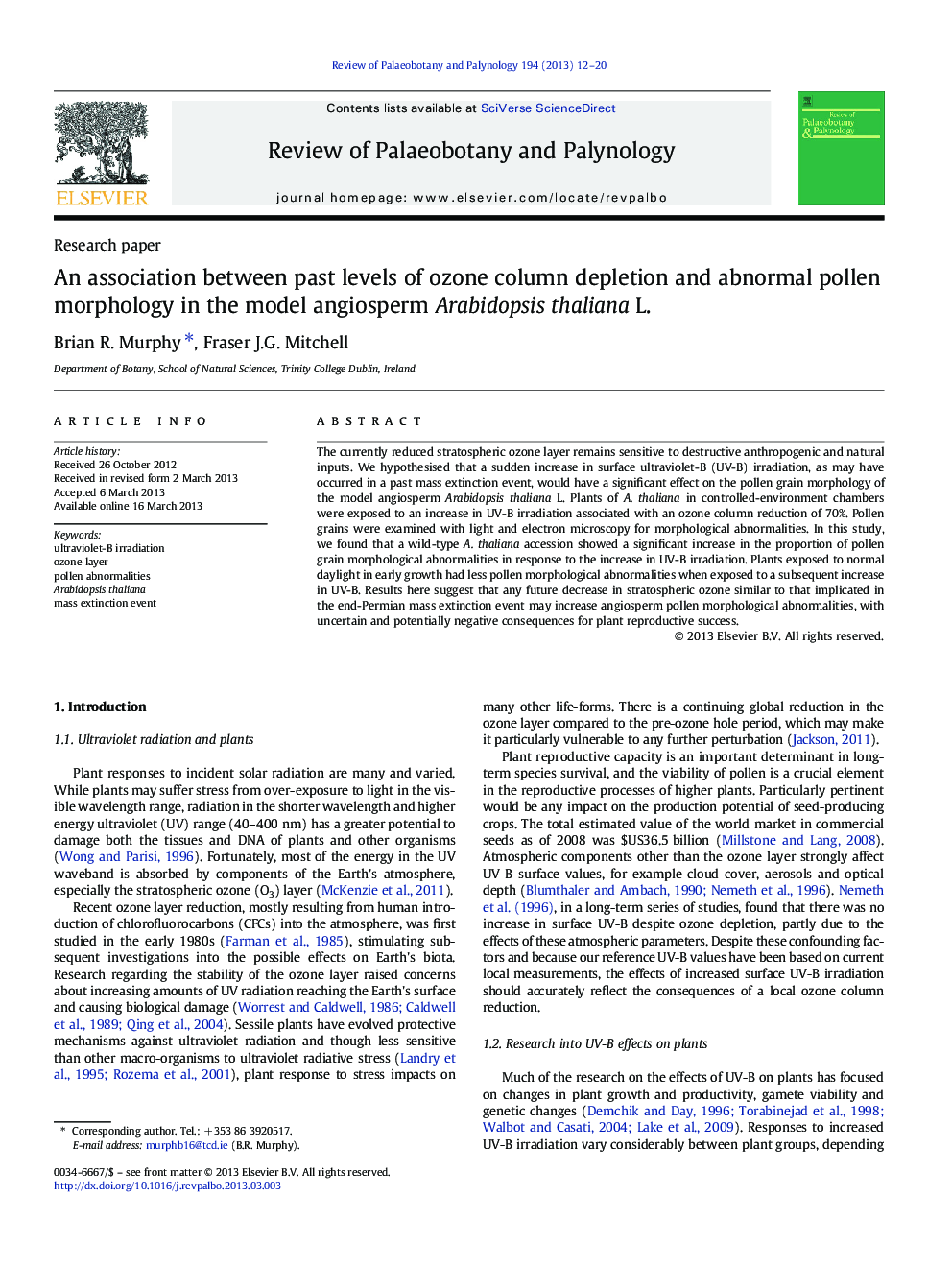 An association between past levels of ozone column depletion and abnormal pollen morphology in the model angiosperm Arabidopsis thaliana L.