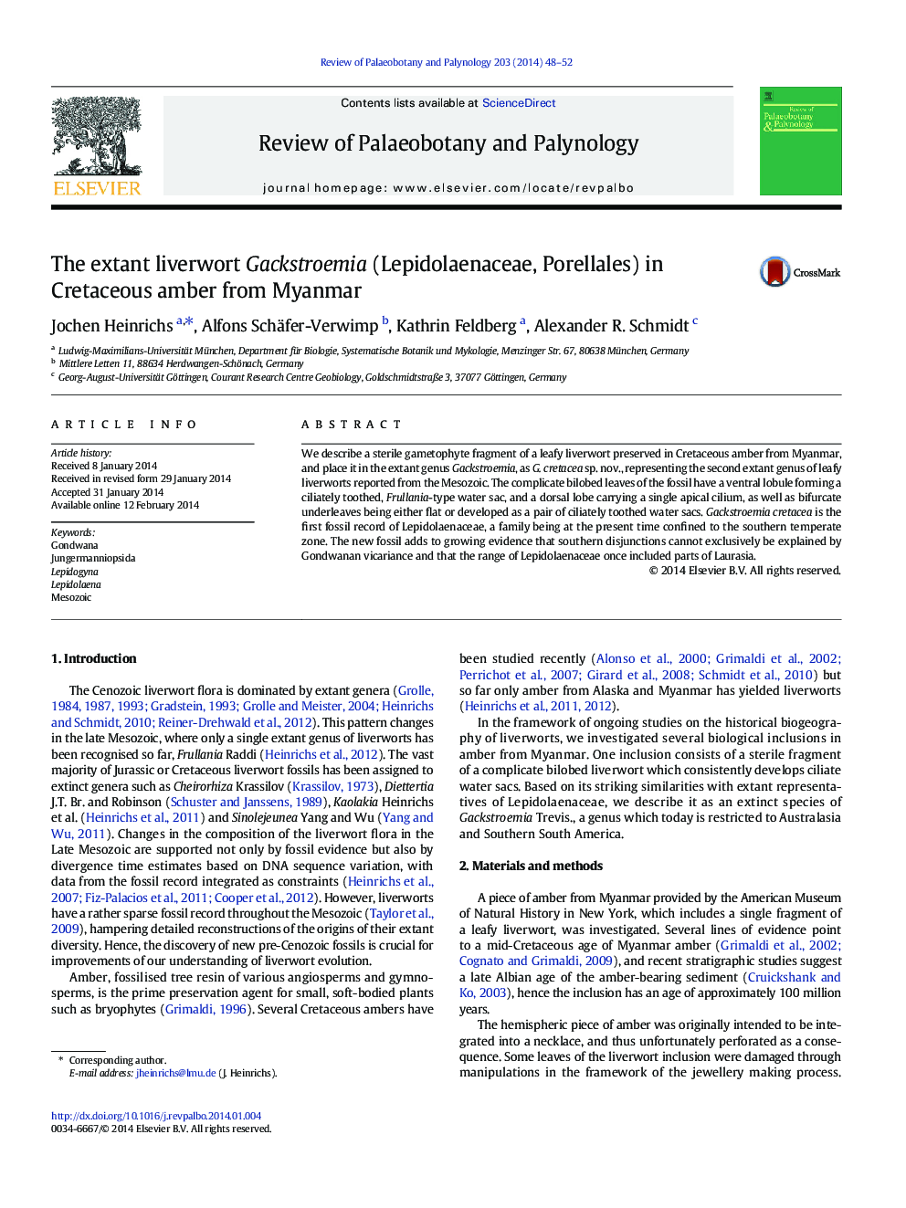 The extant liverwort Gackstroemia (Lepidolaenaceae, Porellales) in Cretaceous amber from Myanmar