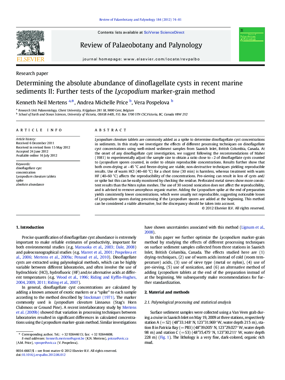 Determining the absolute abundance of dinoflagellate cysts in recent marine sediments II: Further tests of the Lycopodium marker-grain method