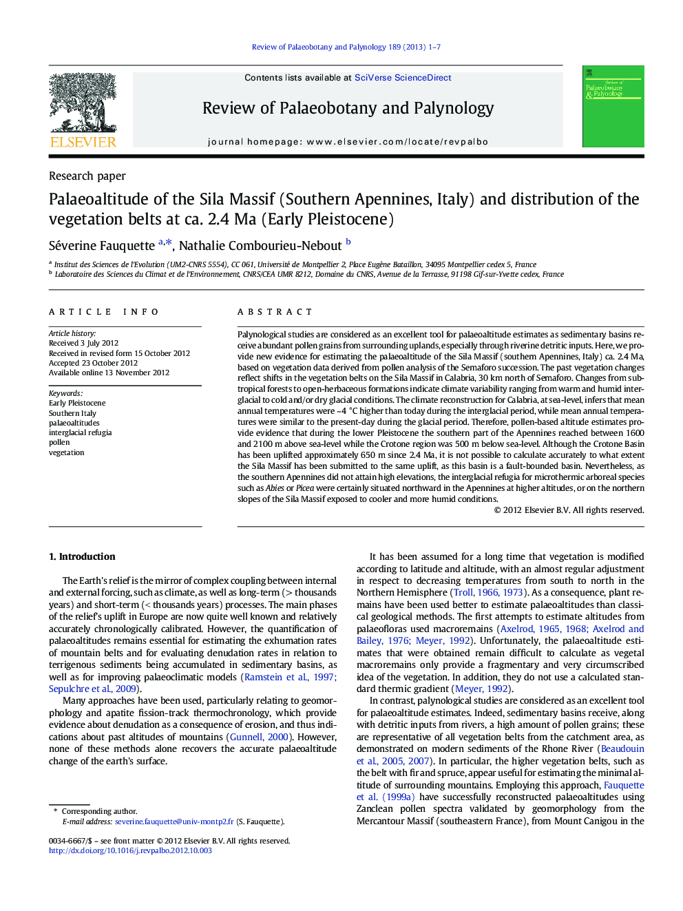 Palaeoaltitude of the Sila Massif (Southern Apennines, Italy) and distribution of the vegetation belts at ca. 2.4 Ma (Early Pleistocene)