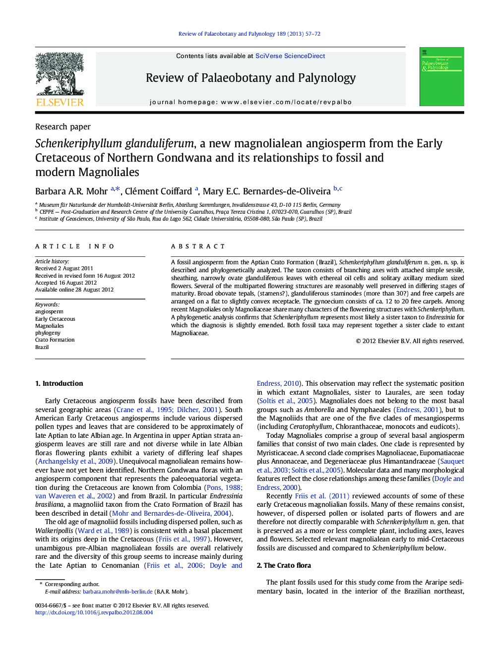 Schenkeriphyllum glanduliferum, a new magnolialean angiosperm from the Early Cretaceous of Northern Gondwana and its relationships to fossil and modern Magnoliales