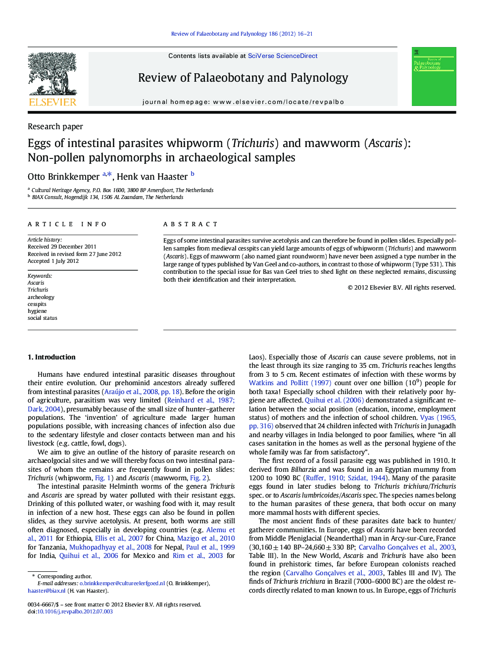 Eggs of intestinal parasites whipworm (Trichuris) and mawworm (Ascaris): Non-pollen palynomorphs in archaeological samples