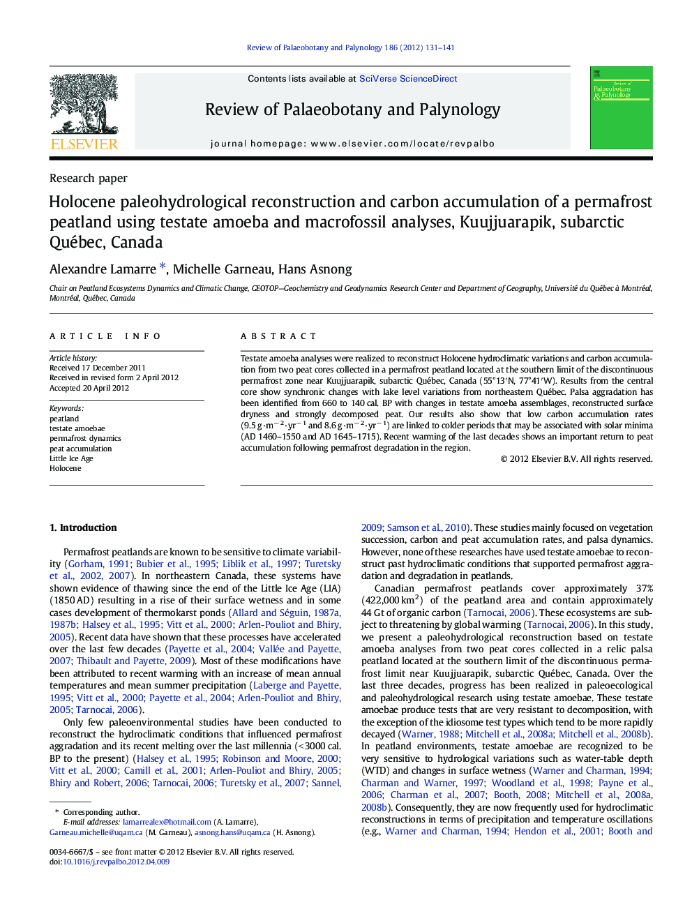 Holocene paleohydrological reconstruction and carbon accumulation of a permafrost peatland using testate amoeba and macrofossil analyses, Kuujjuarapik, subarctic Québec, Canada