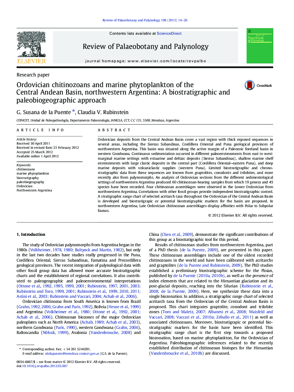 Ordovician chitinozoans and marine phytoplankton of the Central Andean Basin, northwestern Argentina: A biostratigraphic and paleobiogeographic approach