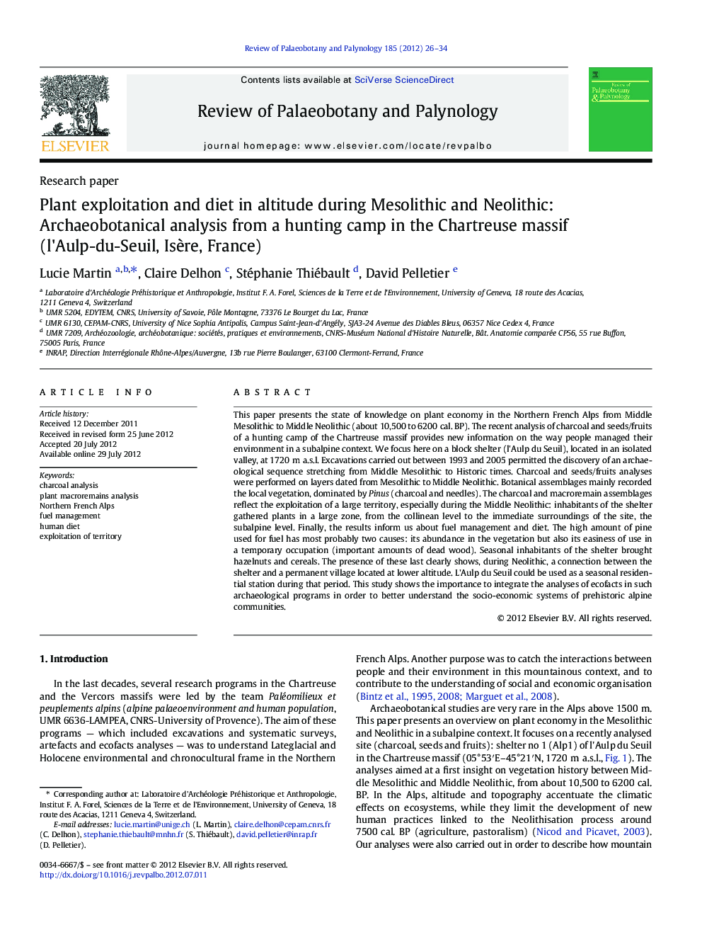 Plant exploitation and diet in altitude during Mesolithic and Neolithic: Archaeobotanical analysis from a hunting camp in the Chartreuse massif (l'Aulp-du-Seuil, Isère, France)