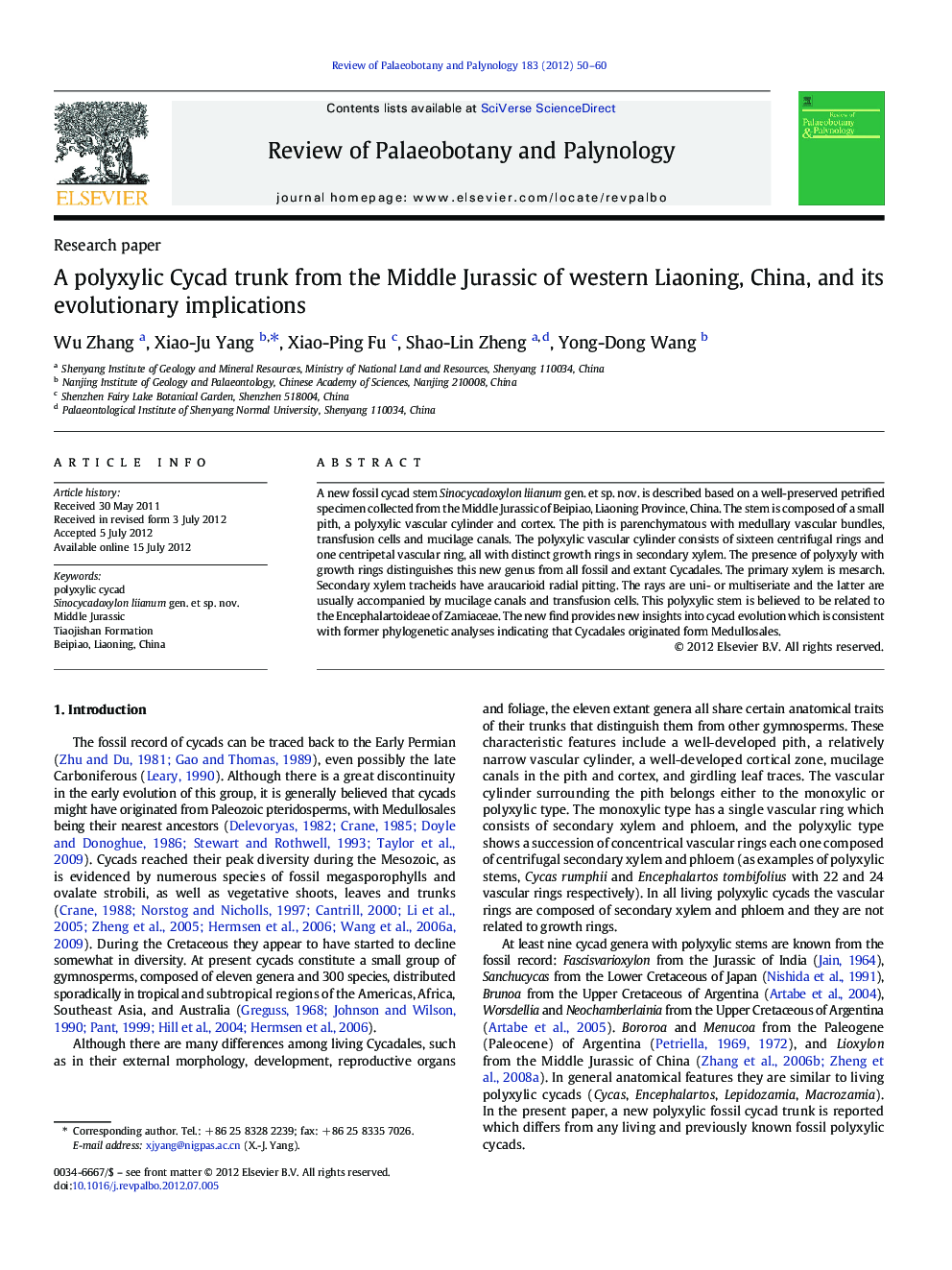 A polyxylic Cycad trunk from the Middle Jurassic of western Liaoning, China, and its evolutionary implications