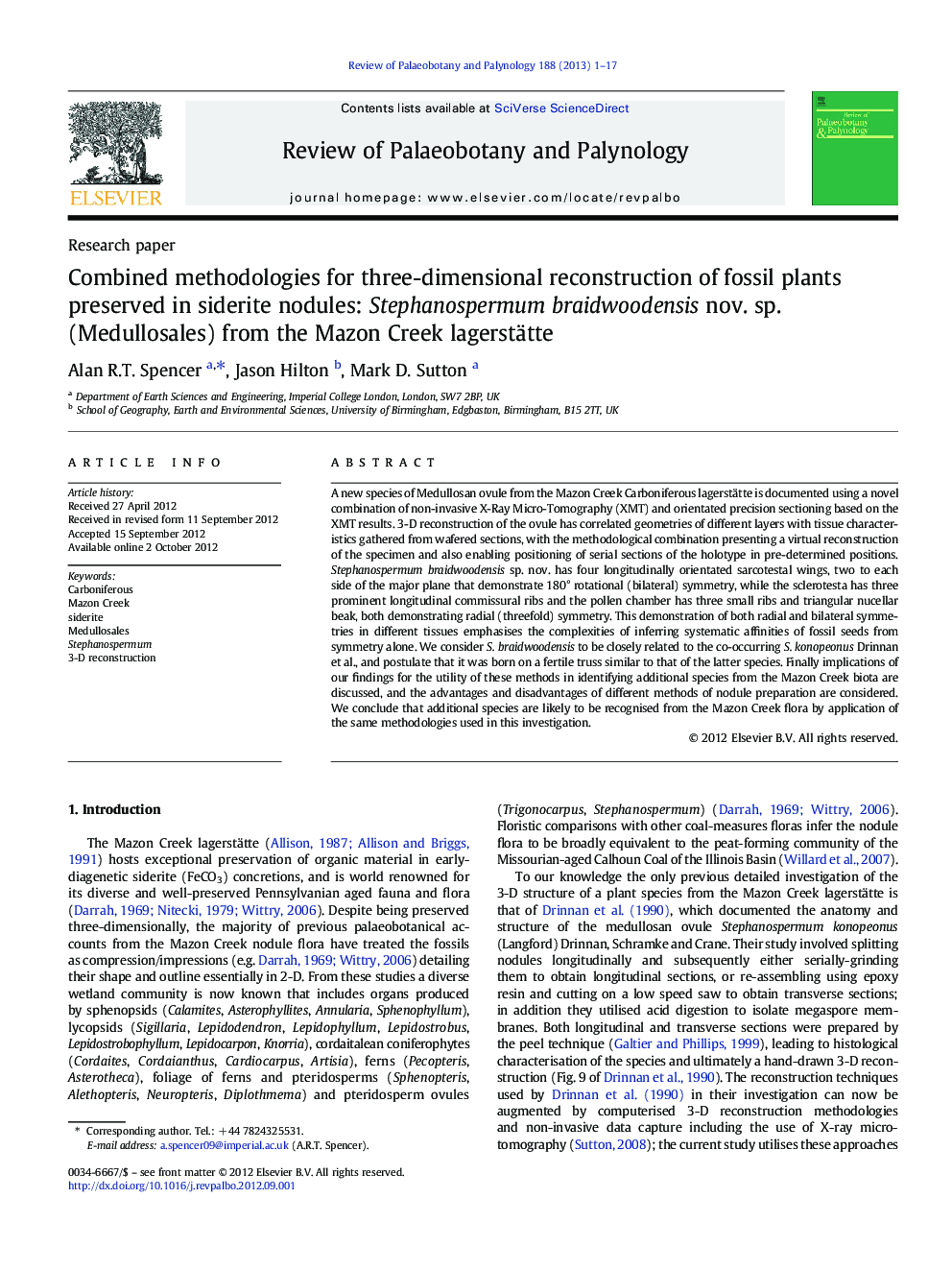 Combined methodologies for three-dimensional reconstruction of fossil plants preserved in siderite nodules: Stephanospermum braidwoodensis nov. sp. (Medullosales) from the Mazon Creek lagerstätte