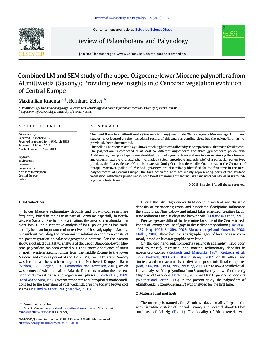 Combined LM and SEM study of the upper Oligocene/lower Miocene palynoflora from Altmittweida (Saxony): Providing new insights into Cenozoic vegetation evolution of Central Europe