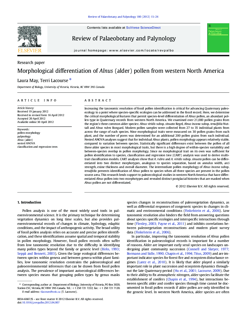 Morphological differentiation of Alnus (alder) pollen from western North America