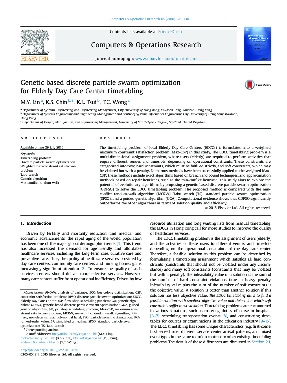 Genetic based discrete particle swarm optimization for Elderly Day Care Center timetabling