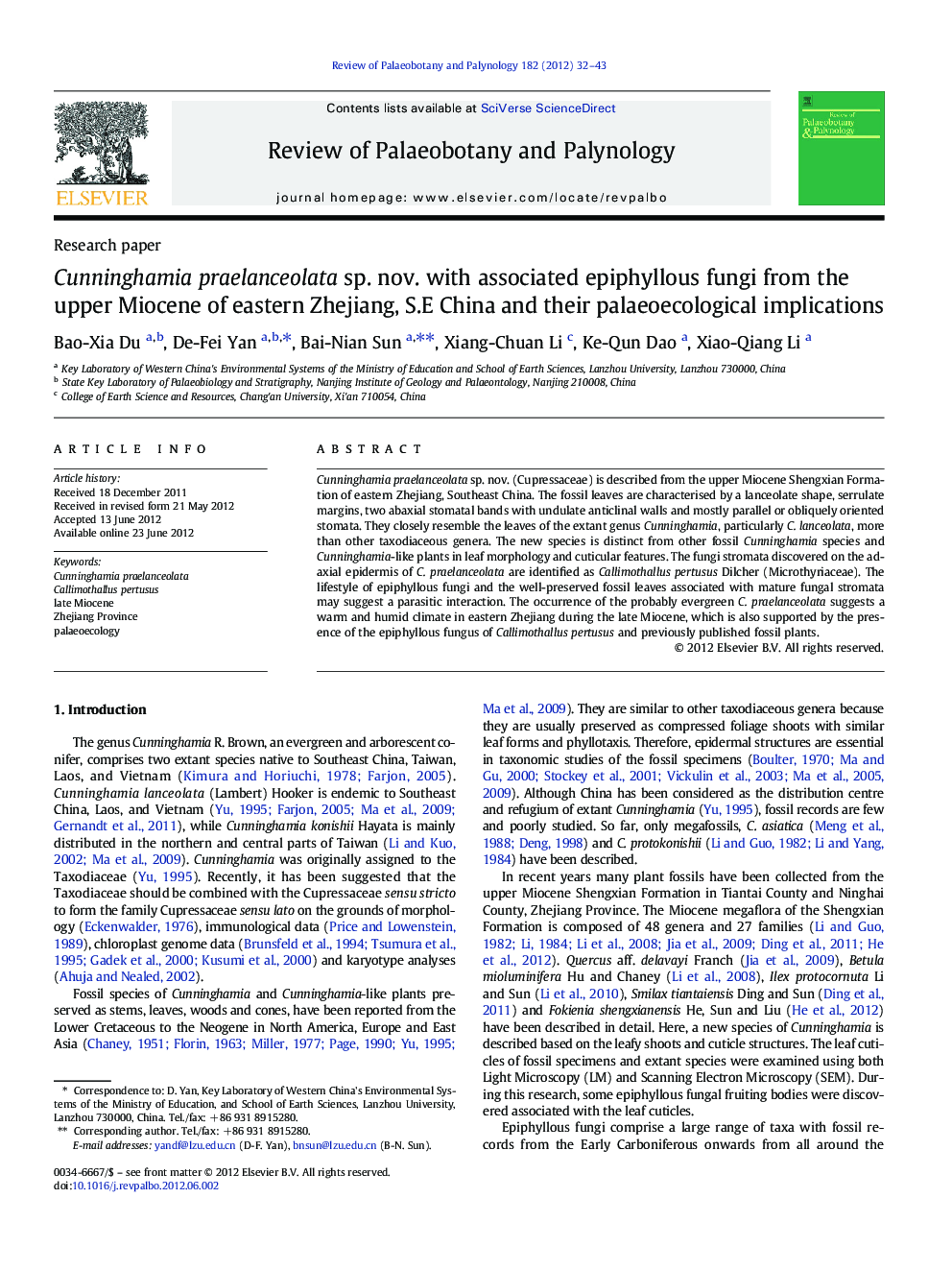 Cunninghamia praelanceolata sp. nov. with associated epiphyllous fungi from the upper Miocene of eastern Zhejiang, S.E China and their palaeoecological implications