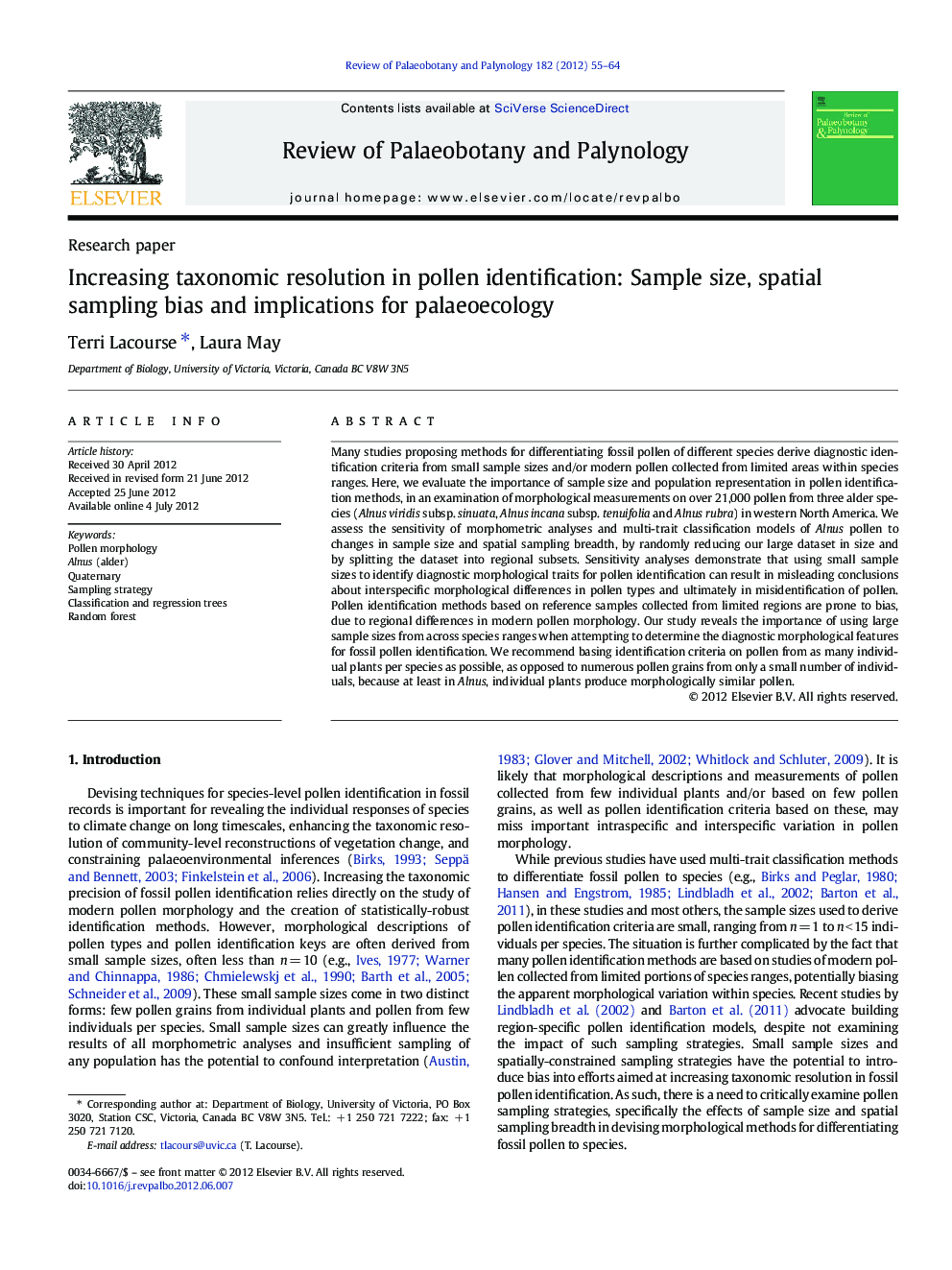 Increasing taxonomic resolution in pollen identification: Sample size, spatial sampling bias and implications for palaeoecology