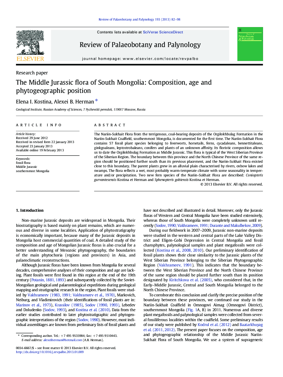 The Middle Jurassic flora of South Mongolia: Composition, age and phytogeographic position