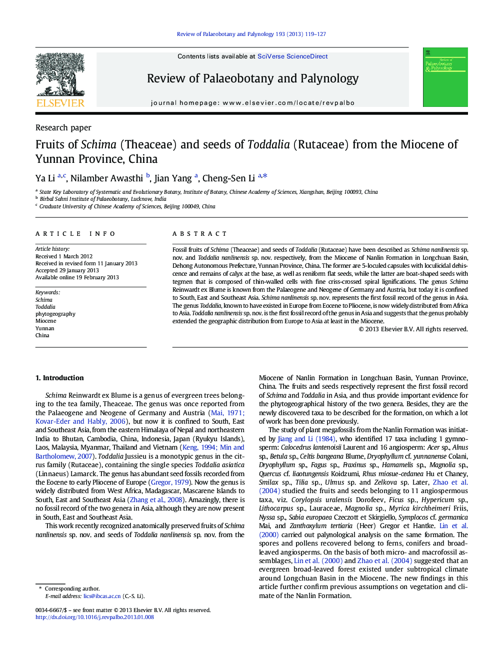 Fruits of Schima (Theaceae) and seeds of Toddalia (Rutaceae) from the Miocene of Yunnan Province, China