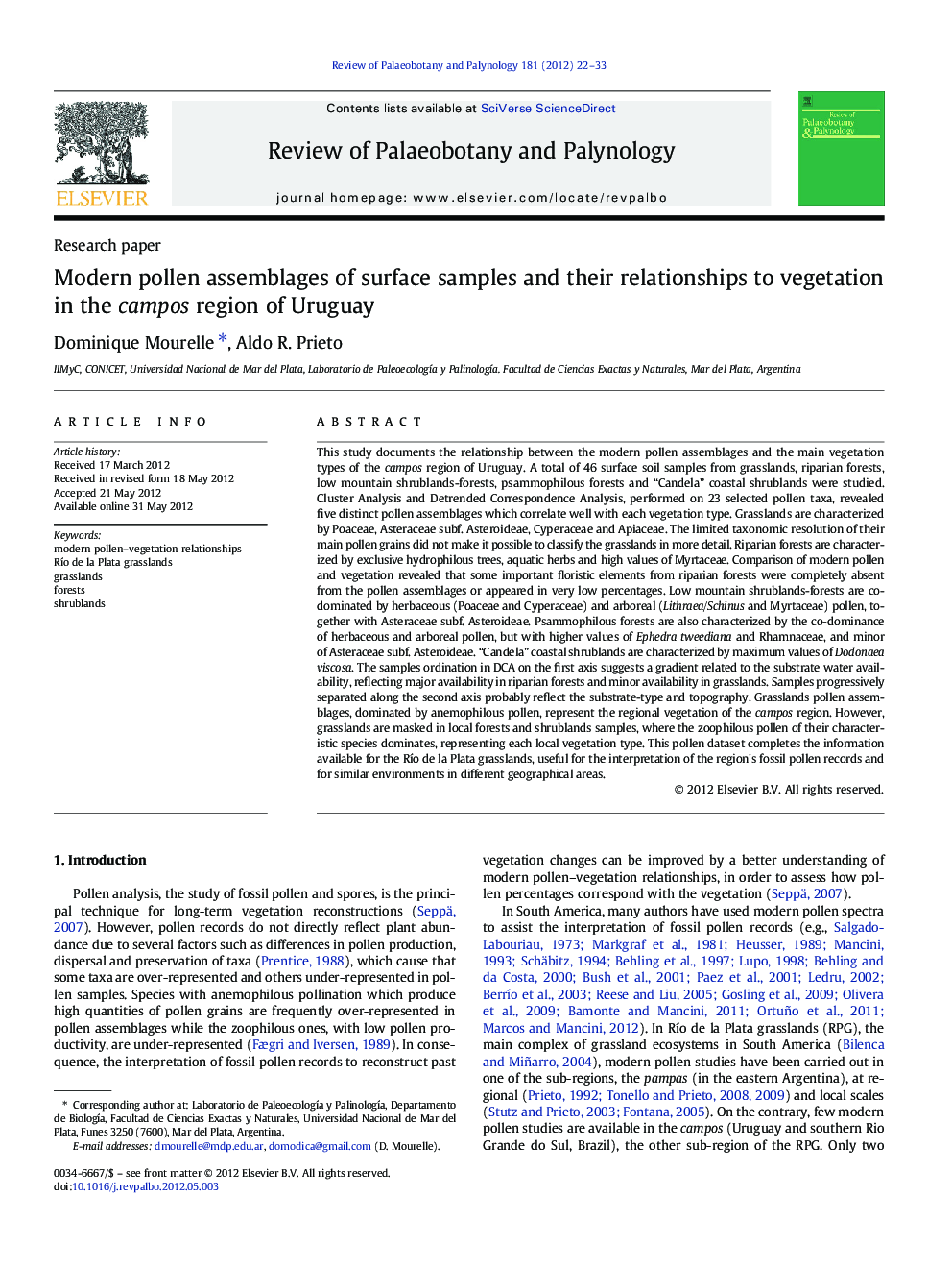 Modern pollen assemblages of surface samples and their relationships to vegetation in the campos region of Uruguay