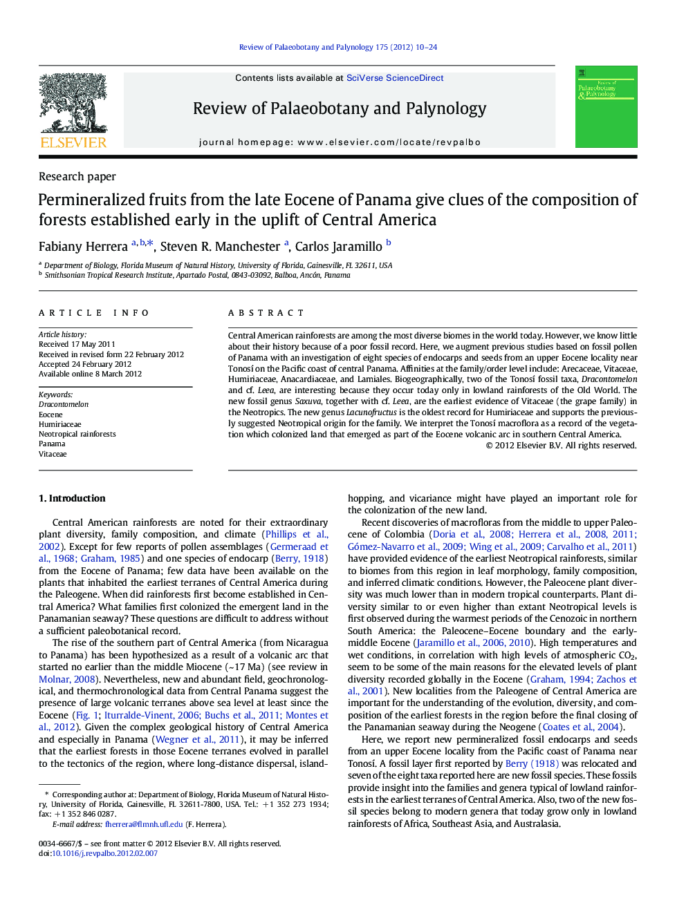 Permineralized fruits from the late Eocene of Panama give clues of the composition of forests established early in the uplift of Central America