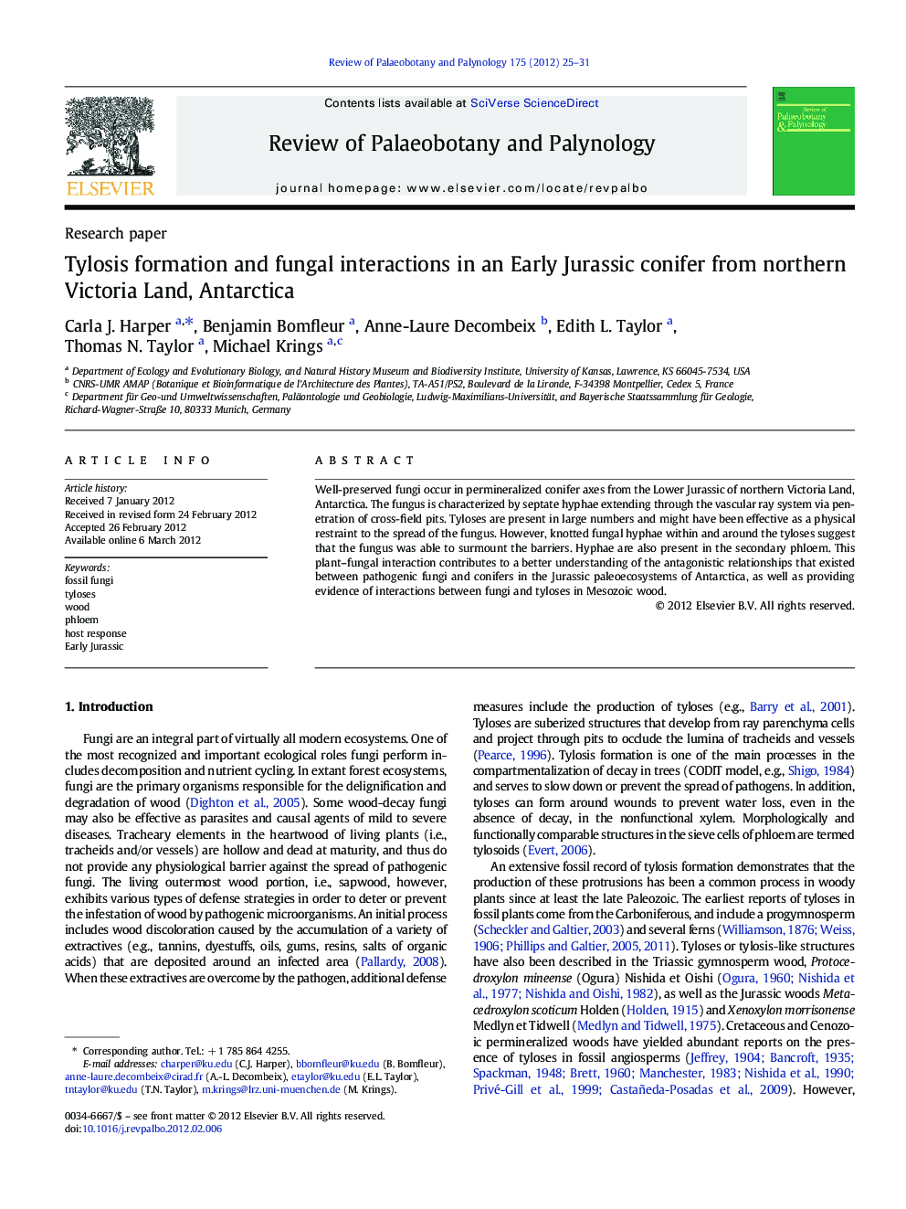 Tylosis formation and fungal interactions in an Early Jurassic conifer from northern Victoria Land, Antarctica