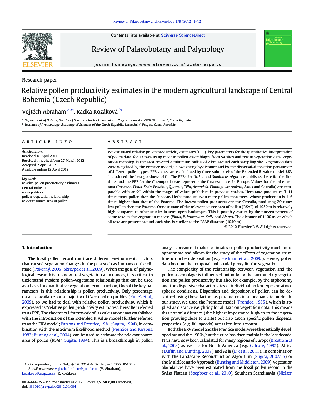 Relative pollen productivity estimates in the modern agricultural landscape of Central Bohemia (Czech Republic)