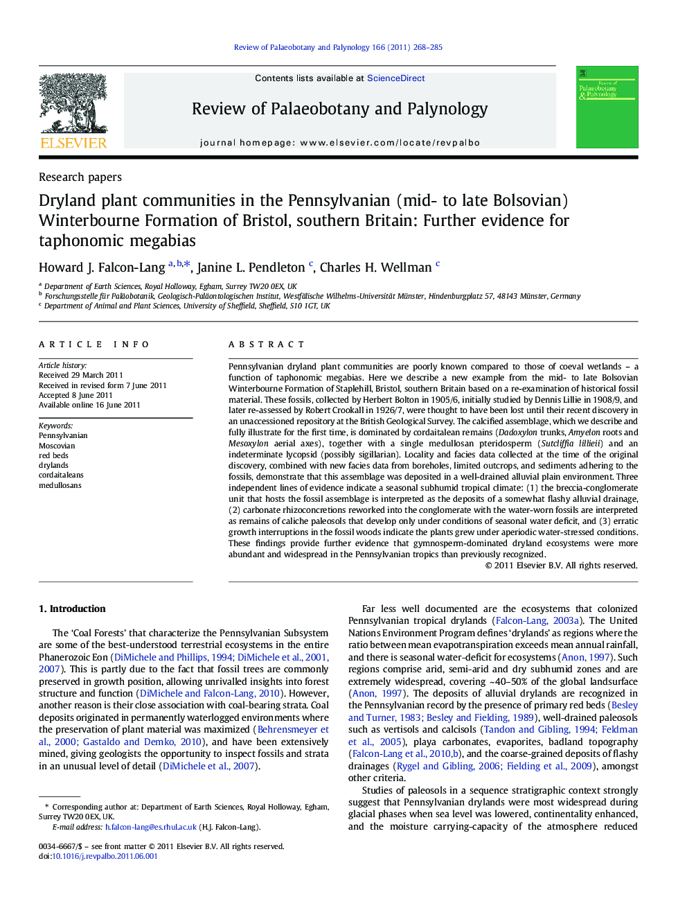 Dryland plant communities in the Pennsylvanian (mid- to late Bolsovian) Winterbourne Formation of Bristol, southern Britain: Further evidence for taphonomic megabias