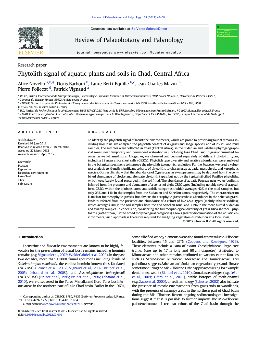 Phytolith signal of aquatic plants and soils in Chad, Central Africa