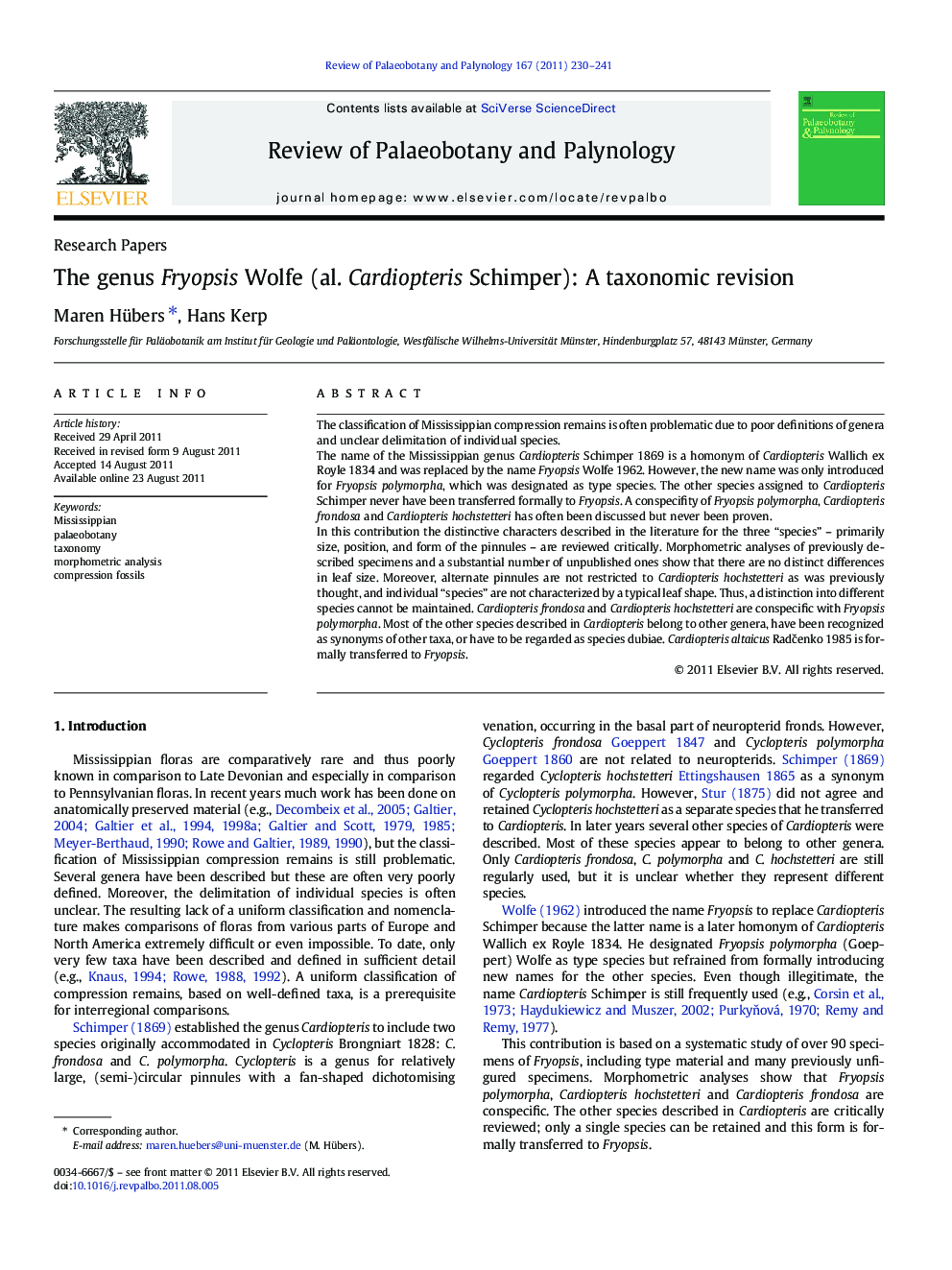 The genus Fryopsis Wolfe (al. Cardiopteris Schimper): A taxonomic revision