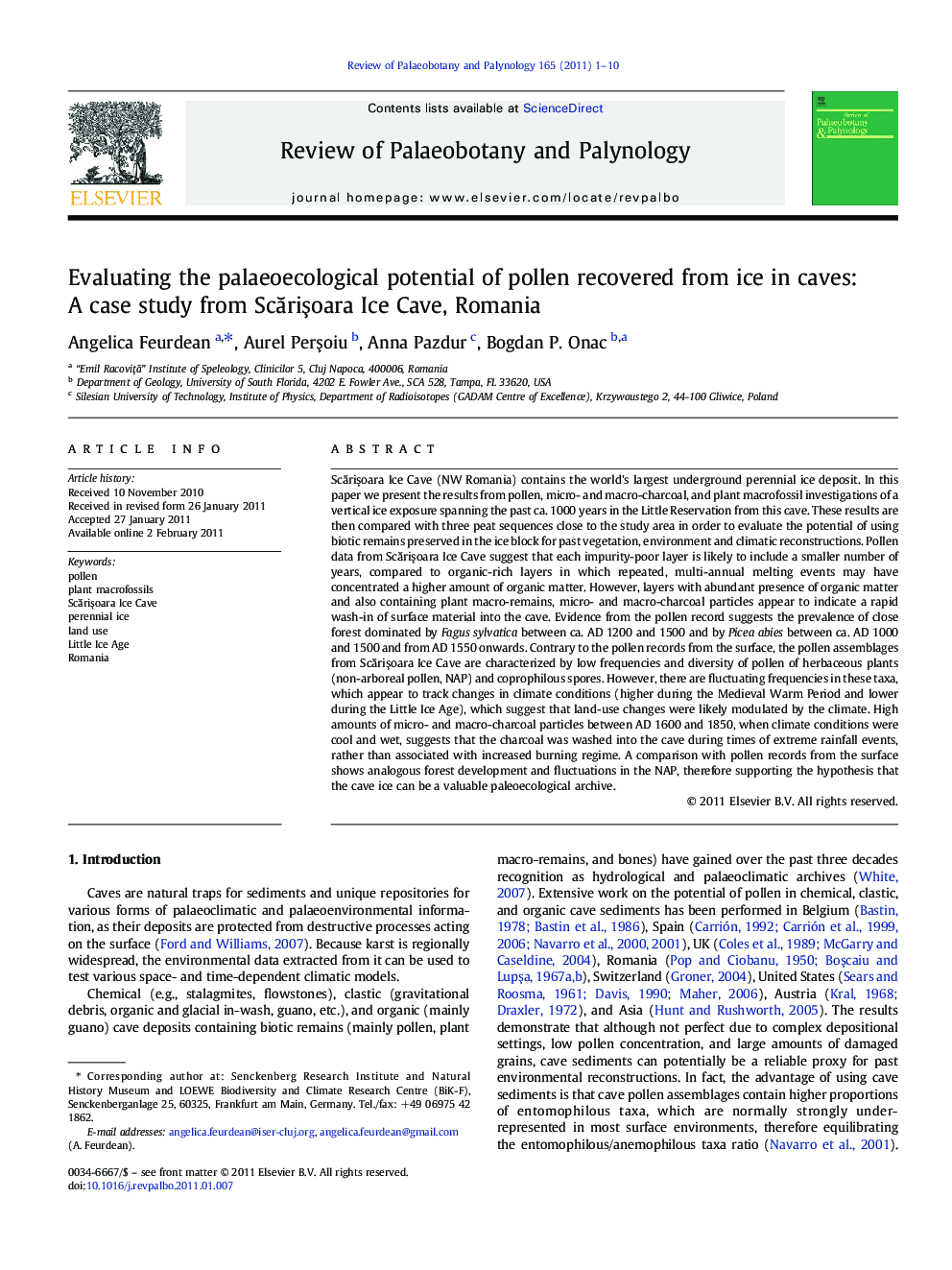 Evaluating the palaeoecological potential of pollen recovered from ice in caves: A case study from Scărişoara Ice Cave, Romania