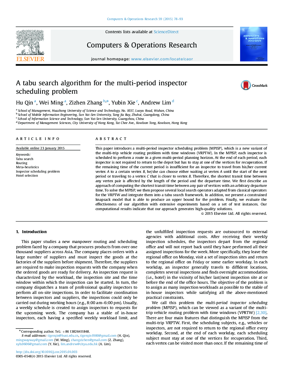 A tabu search algorithm for the multi-period inspector scheduling problem