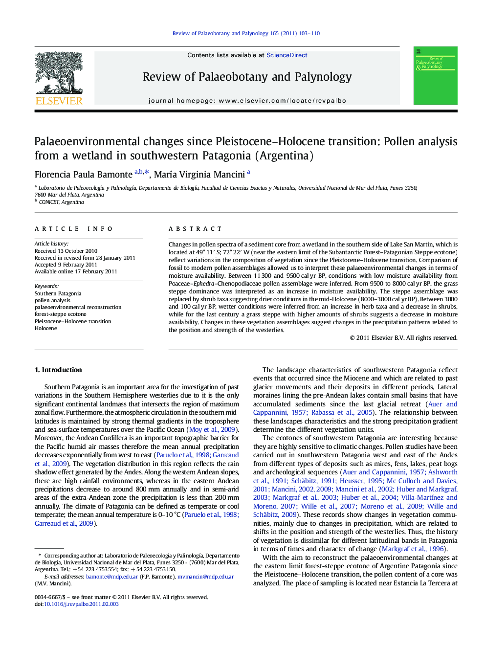 Palaeoenvironmental changes since Pleistocene–Holocene transition: Pollen analysis from a wetland in southwestern Patagonia (Argentina)