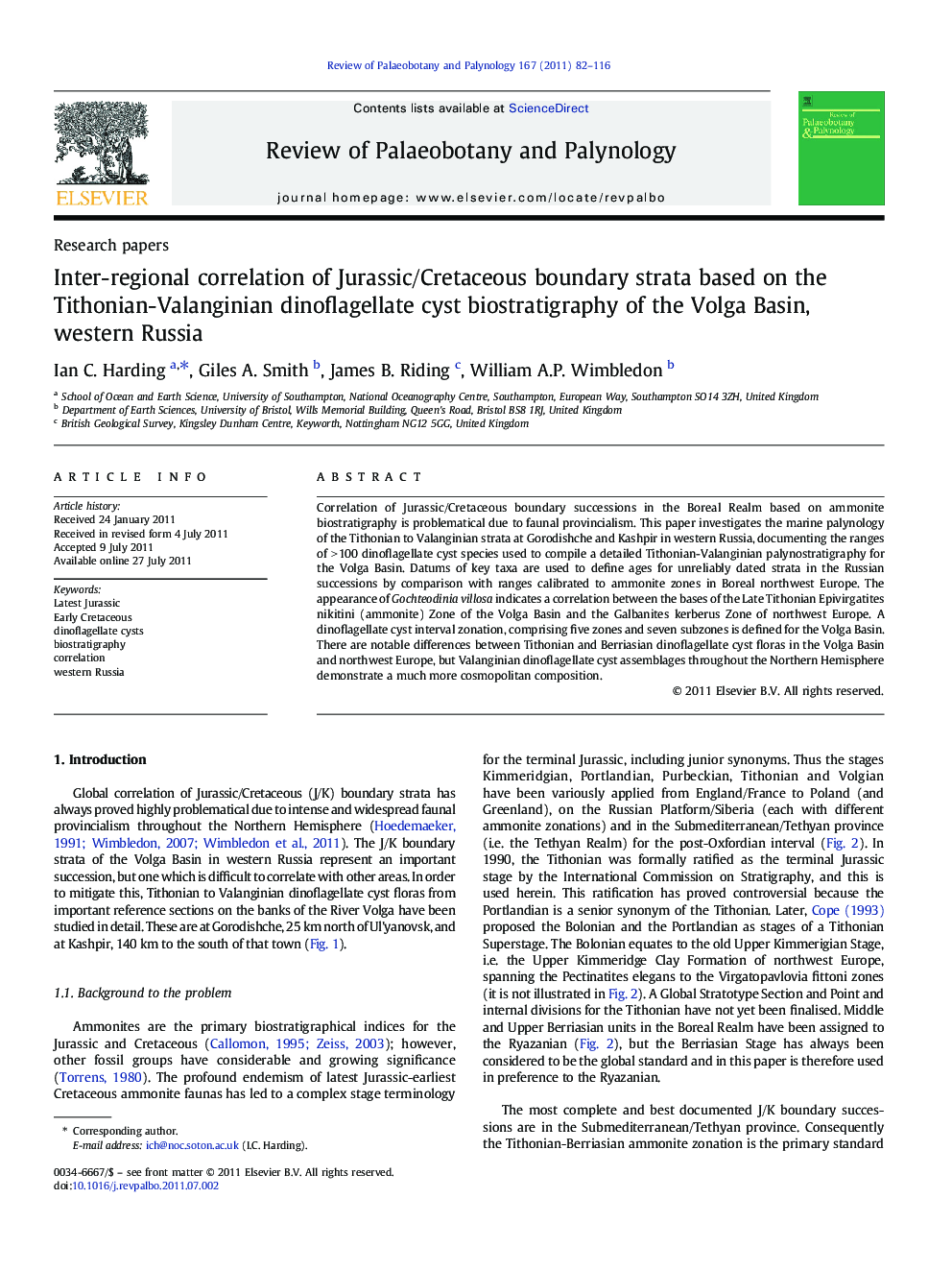 عکس صفحه اول مقاله: Inter-regional correlation of Jurassic/Cretaceous boundary strata based on the Tithonian-Valanginian dinoflagellate cyst biostratigraphy of the Volga Basin, western Russia Inter-regional correlation of Jurassic/Cretaceous boundary strata based on the Tithonian-Valanginian dinoflagellate cyst biostratigraphy of the Volga Basin, western Russia