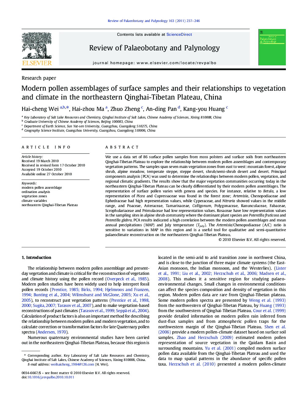 Modern pollen assemblages of surface samples and their relationships to vegetation and climate in the northeastern Qinghai-Tibetan Plateau, China