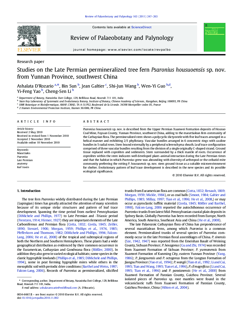 Studies on the Late Permian permineralized tree fern Psaronius housuoensis sp. nov. from Yunnan Province, southwest China